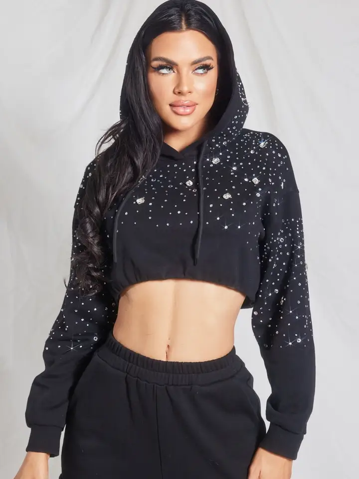 Women's Cropped Mixed-size Rhinestone Hoodie (MOQ 50 pieces) - Image 2