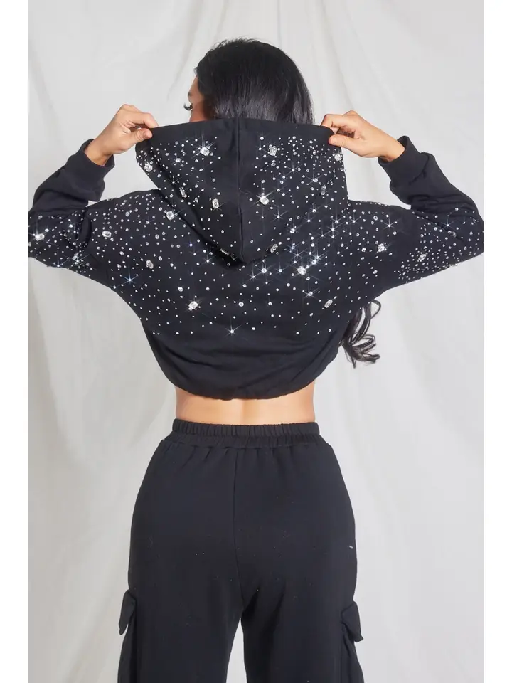 Women's Cropped Mixed-size Rhinestone Hoodie (MOQ 50 pieces)